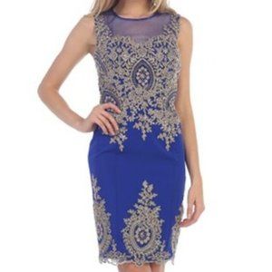 Let's - Sleeveless Royal Blue Dress with Golden Floral Embroidery